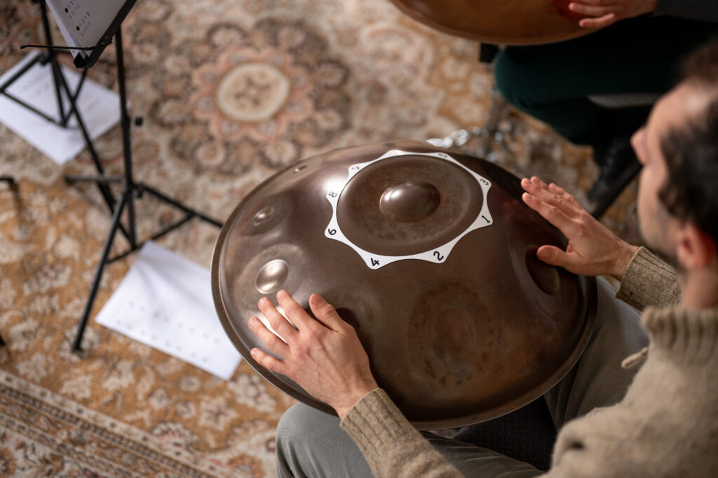 Handpan with numbered tone fields at a workshop